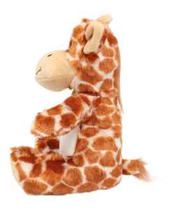 Side view of the personalised "Georgina" giraffe teddy against a white background