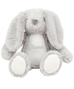 Frontal view of the personalised "Gregory" grey bunny teddy with the sample text in grey printed to its belly that reads: "Name"