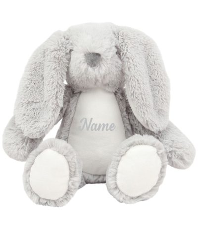 Frontal view of the personalised "Gregory" grey bunny teddy with the sample text in grey printed to its belly that reads: "Name"
