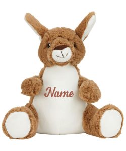 Frontal view of the personalised "Kevin" kangaroo teddy with the sample text in brown printed to its belly that reads: "Name"