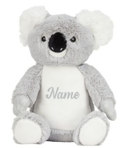 Frontal view of the grey personalised "Kylie" koala teddy with the sample grey text printed to its belly that reads: "Name"