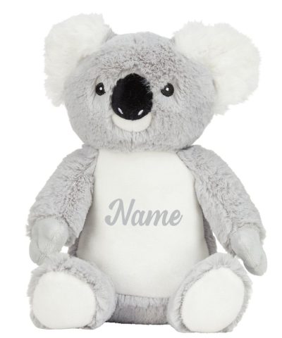 Frontal view of the grey personalised "Kylie" koala teddy with the sample grey text printed to its belly that reads: "Name"
