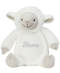 Frontal view of the white personalised "Larry" lamb teddy with sample text printed in light grey on its belly that reads: "Name"