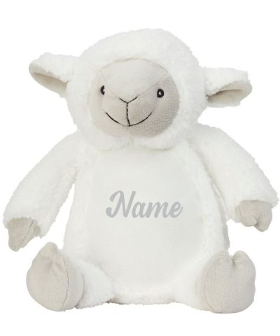 Frontal view of the white personalised "Larry" lamb teddy with sample text printed in light grey on its belly that reads: "Name"