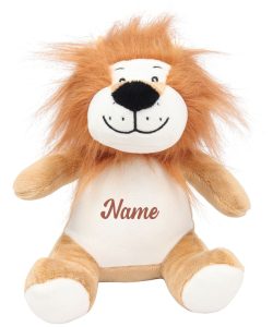 Frontal view of the personalised "Liam" lion teddy with the sample brown text printed to its belly that reads: "Name"