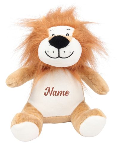 Frontal view of the personalised "Liam" lion teddy with the sample brown text printed to its belly that reads: "Name"