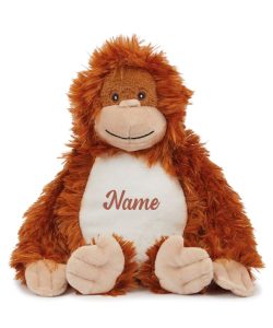 Frontal view of the personalised "Ollie" orangutan teddy with sample brown text printed to the belly that reads: "Name"