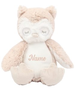 Frontal view of the personalised "Otto" owl teddy with sample light brown text printed to its belly that reads: "Name"