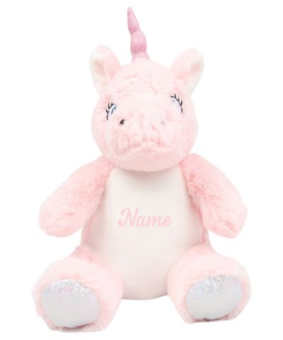 Frontal view of the personalised "Pearl" pink unicorn teddy with sample pink text printed to its belly that reads: "Name"