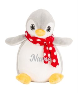 Frontal view of the grey personalised "Pete" penguin teddy wearing a scarf with grey sample text printed on its belly that reads: "Name"