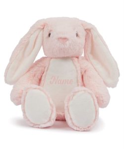 Frontal view of the personalised "Polly" pink bunny teddy with pink sample text printed to its belly that reads: "Name"