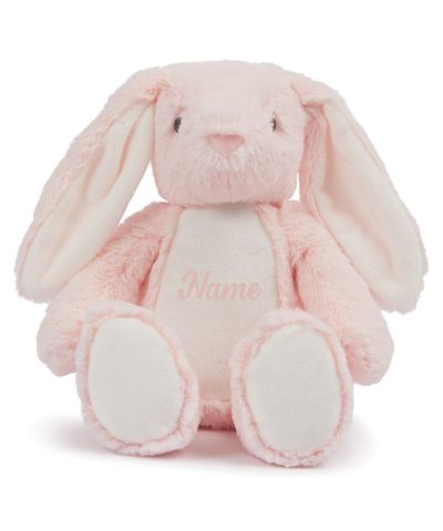 Frontal view of the personalised "Polly" pink bunny teddy with pink sample text printed to its belly that reads: "Name"
