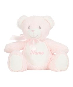 Frontal view of the personalised "Poppy" pink teddy bear with paink sample text printed to its belly that reads: "Name"