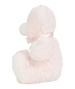 Side view of the personalised "Poppy" pink teddy bear