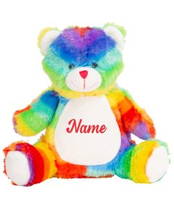 Frontal view of the personalised "Randy" rainbow teddy bear with red sample text printed to its belly that reads: "Name"