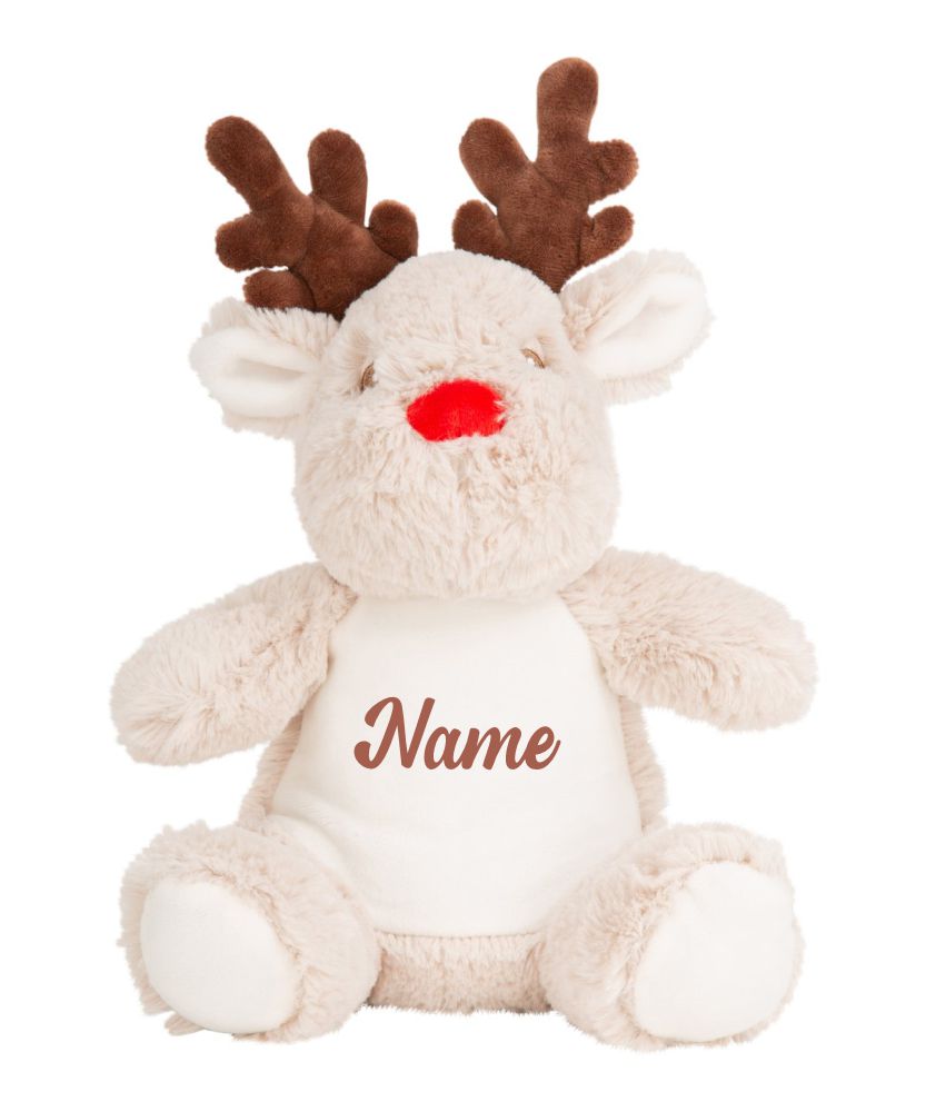 Frontal view of the light brown personalised "Rudolph" reindeer teddy with brown sample text printed to its belly that reads: "Name"