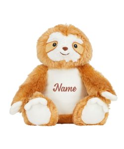 Frontal view of the orange-brown personalised "Sunny" sloth teddy with sample brown text printed to its belly that reads: "Name"