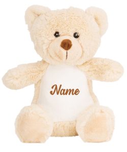 Frontal view of the light brown personalised "Ted" teddy bear with brown sample text printed to its belly that reads: "Name"