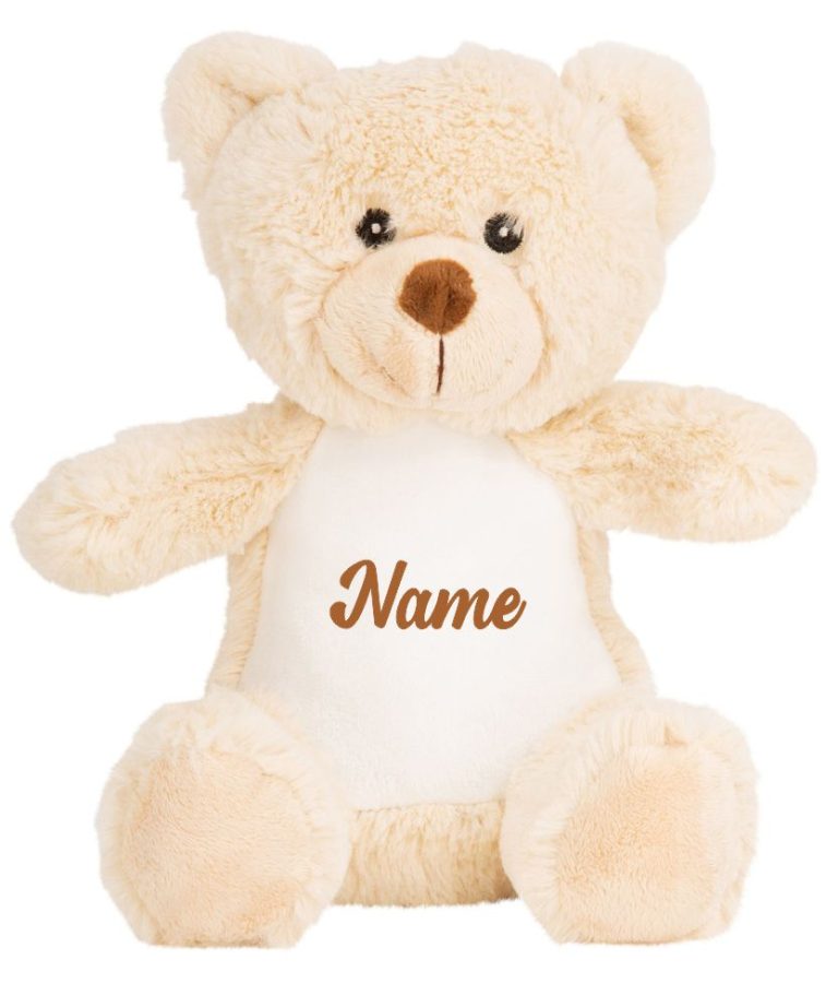 Frontal view of the light brown personalised "Ted" teddy bear with brown sample text printed to its belly that reads: "Name"