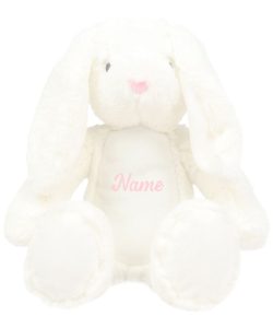 Frontal view of the personalised "Wendy" white bunny teddy with sample light pink text printed to its belly that reads: "Name"