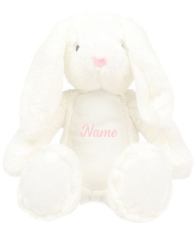 Frontal view of the personalised "Wendy" white bunny teddy with sample light pink text printed to its belly that reads: "Name"