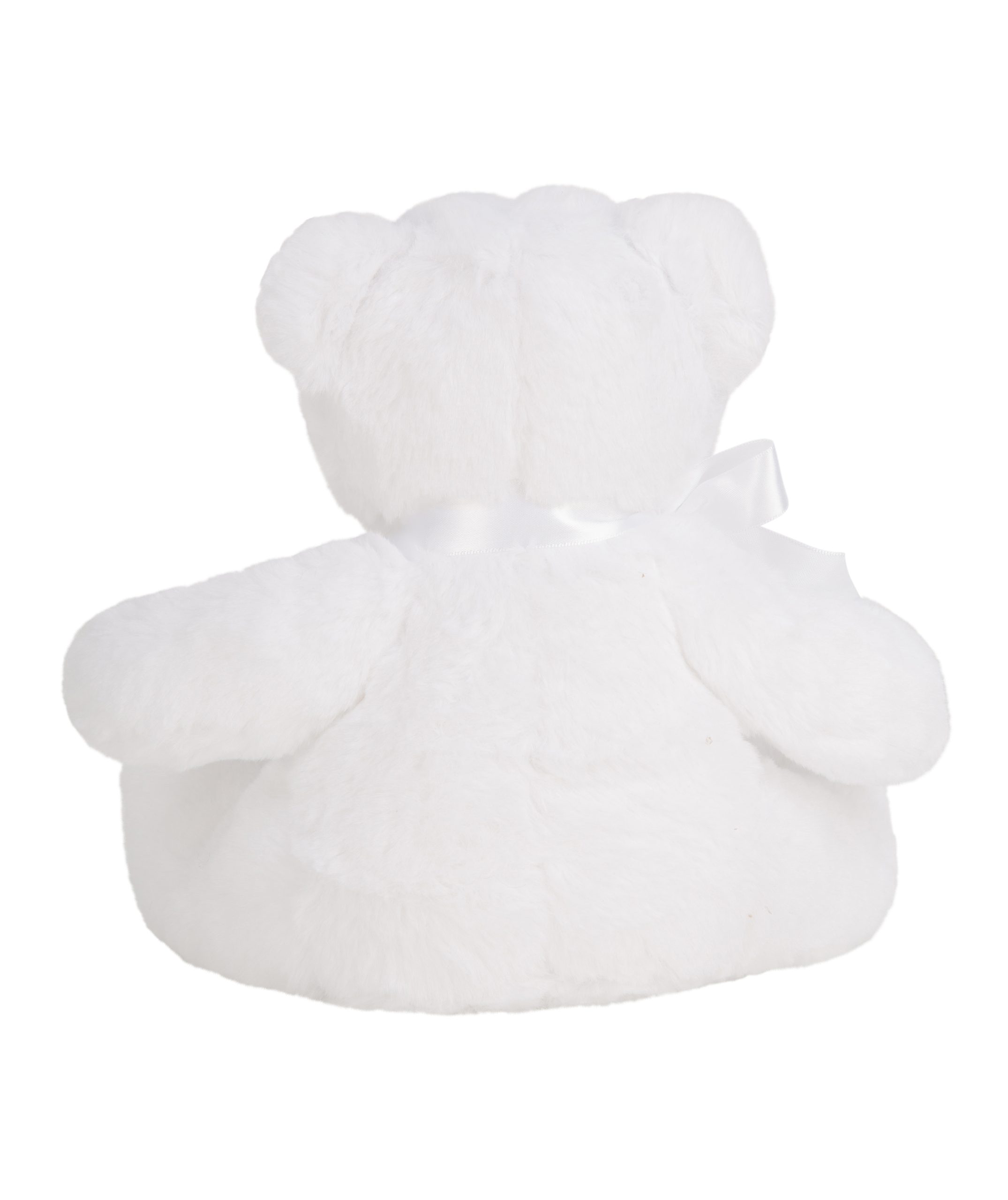 Rear view of the white personalised "Wish" white teddy against a white background