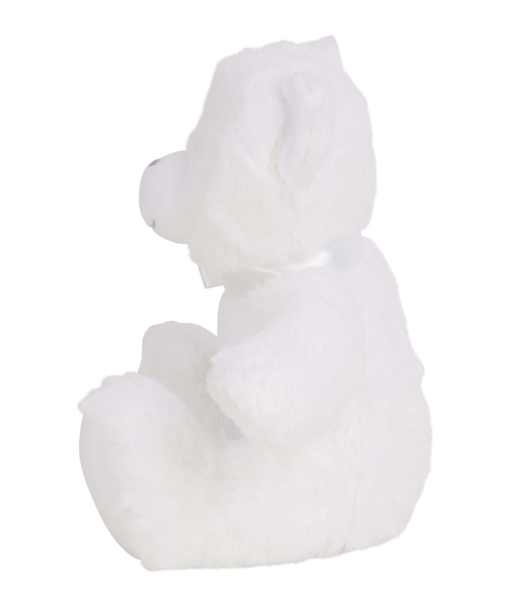 Side View of the white personalised "Wish" the White teddy against a white background.