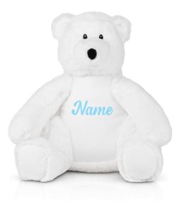 Frontal view of the white personalised "Percy" polar bear teddy with light blue sample text printed to its belly that reads: "Name"