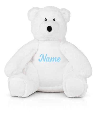 Frontal view of the white personalised "Percy" polar bear teddy with light blue sample text printed to its belly that reads: "Name"