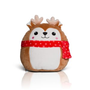 Frontal view of the optionally personalised Christmas reindeer Squidgy aginast a white background