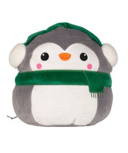 Frontal view of the grey and white, optionally personalised, winter penguin Squidgy against a white background. The penguin has green and white non-detachable earmuffs and a green non-detachable scarf