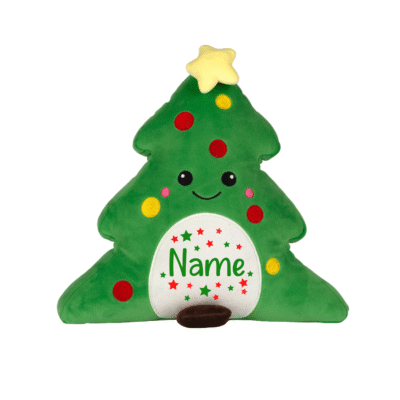 Frontal view of the green, optionally personalised, christmas tree Squidgy with a white belly and red and white dots on the green. Printed onto the belly is the sample text "Name" in green with green and red stars surrounding it.