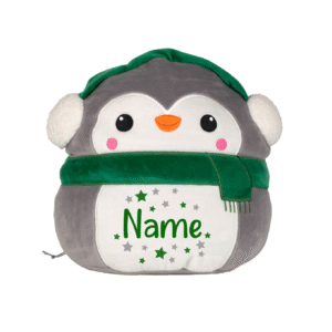 Frontal view of the grey, optionally personalised christmas penguin Squidgy with a white belly and green scarf around its neck and ear muffs on its head. Printed onto the belly is the sample text "Name" in green with green and grey stars surrounding it.