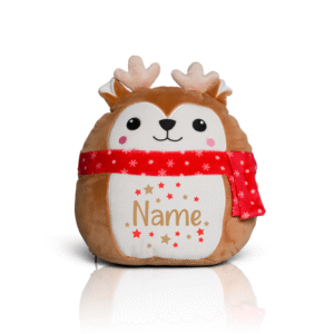Frontal view of the brown, optionally personalised christmas reindeer Squidgy with a white belly and red scarf around its neck. Printed onto the belly is the sample text "Name" in light brown with brown and red stars surrounding it.