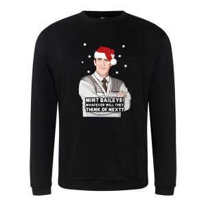 A black sweatshirt with Bryn surrounded by snow and wearing a Christmas hat printed to the front. Below the face is text that reads: "Mint baileys! Whatever will they think of next?"