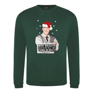 A bottle green sweatshirt with Bryn surrounded by snow and wearing a Christmas hat printed to the front. Below the face is text that reads: "Mint baileys! Whatever will they think of next?"