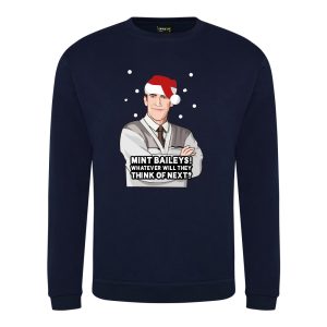 A navy sweatshirt with Bryn surrounded by snow and wearing a Christmas hat printed to the front. Below the face is text that reads: "Mint baileys! Whatever will they think of next?"