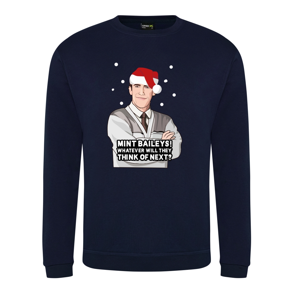 A navy sweatshirt with Bryn surrounded by snow and wearing a Christmas hat printed to the front. Below the face is text that reads: "Mint baileys! Whatever will they think of next?"