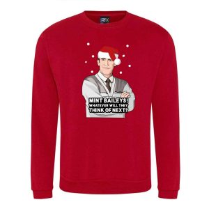 A red sweatshirt with Bryn surrounded by snow and wearing a Christmas hat printed to the front. Below the face is text that reads: "Mint baileys! Whatever will they think of next?"