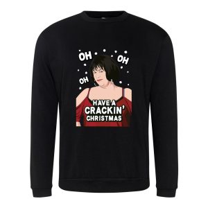 A black sweatshirt with Nessa surrounded by snow and wearing a red dress printed to the front. Amongst the snow reads: "oh oh oh". Below the face is text that reads: "Have a crackin' Christmas!"