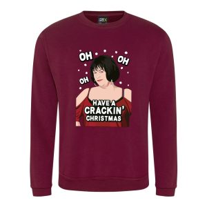 A burgundy sweatshirt with Nessa surrounded by snow and wearing a red dress printed to the front. Amongst the snow reads: "oh oh oh". Below the face is text that reads: "Have a crackin' Christmas!"