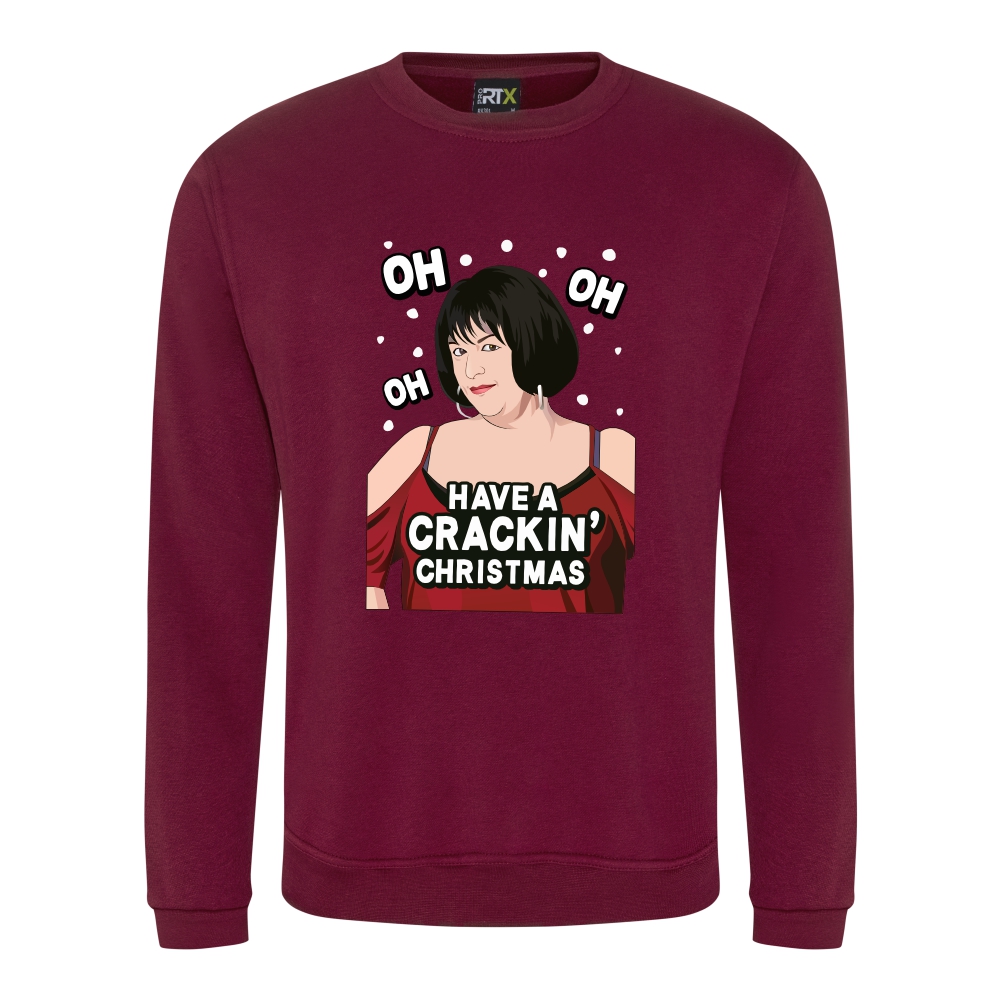 A burgundy sweatshirt with Nessa surrounded by snow and wearing a red dress printed to the front. Amongst the snow reads: "oh oh oh". Below the face is text that reads: "Have a crackin' Christmas!"
