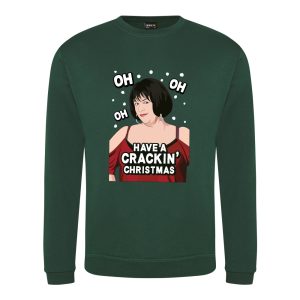 A bottle green sweatshirt with Nessa surrounded by snow and wearing a red dress printed to the front. Amongst the snow reads: "oh oh oh". Below the face is text that reads: "Have a crackin' Christmas!"