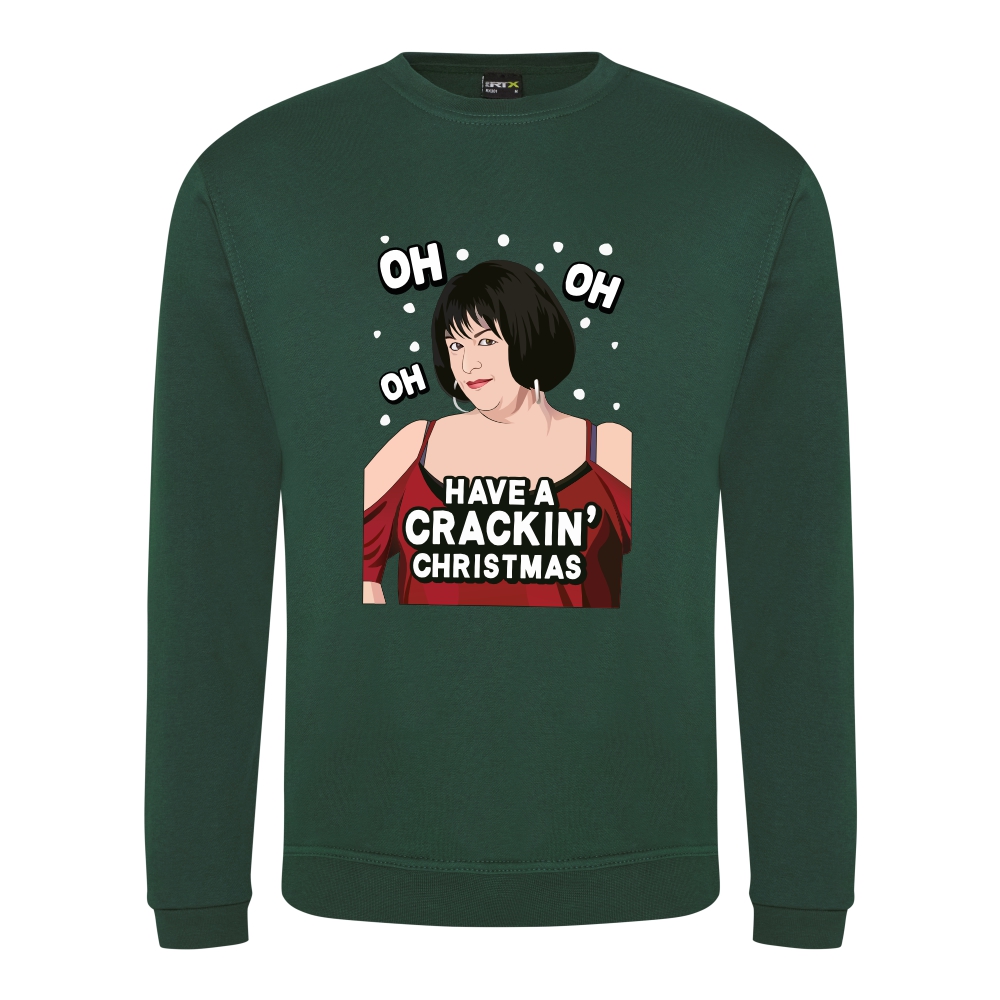 A bottle green sweatshirt with Nessa surrounded by snow and wearing a red dress printed to the front. Amongst the snow reads: "oh oh oh". Below the face is text that reads: "Have a crackin' Christmas!"