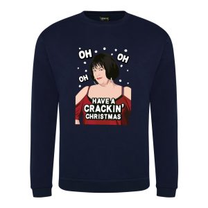A navy sweatshirt with Nessa surrounded by snow and wearing a red dress printed to the front. Amongst the snow reads: "oh oh oh". Below the face is text that reads: "Have a crackin' Christmas!"