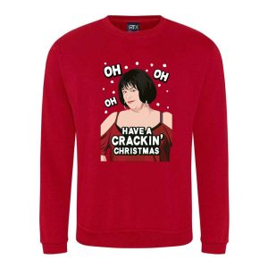 A red sweatshirt with Nessa surrounded by snow and wearing a red dress printed to the front. Amongst the snow reads: "oh oh oh". Below the face is text that reads: "Have a crackin' Christmas!"