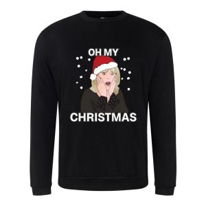 A black sweatshirt with Pam surrounded by snow and wearing a Christmas hat printed to the front. Above the face is text that reads: "Oh my". Below the face is text that reads: "Christmas"
