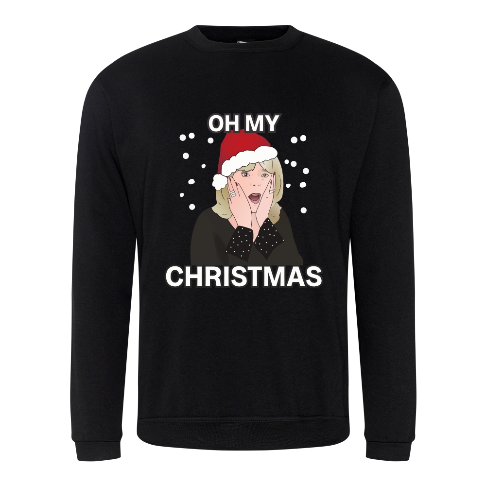 A black sweatshirt with Pam surrounded by snow and wearing a Christmas hat printed to the front. Above the face is text that reads: "Oh my". Below the face is text that reads: "Christmas"