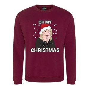 A burgundy sweatshirt with Pam surrounded by snow and wearing a Christmas hat printed to the front. Above the face is text that reads: "Oh my". Below the face is text that reads: "Christmas"