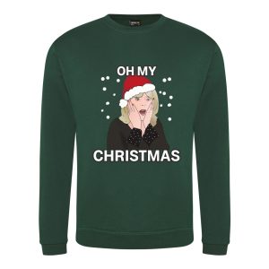 A bottle green sweatshirt with Pam surrounded by snow and wearing a Christmas hat printed to the front. Above the face is text that reads: "Oh my". Below the face is text that reads: "Christmas"